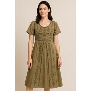 VTG MPH 90’ Olive Green Embroidered Boho Dress 90s Y2K whimsical Hippie sz sm